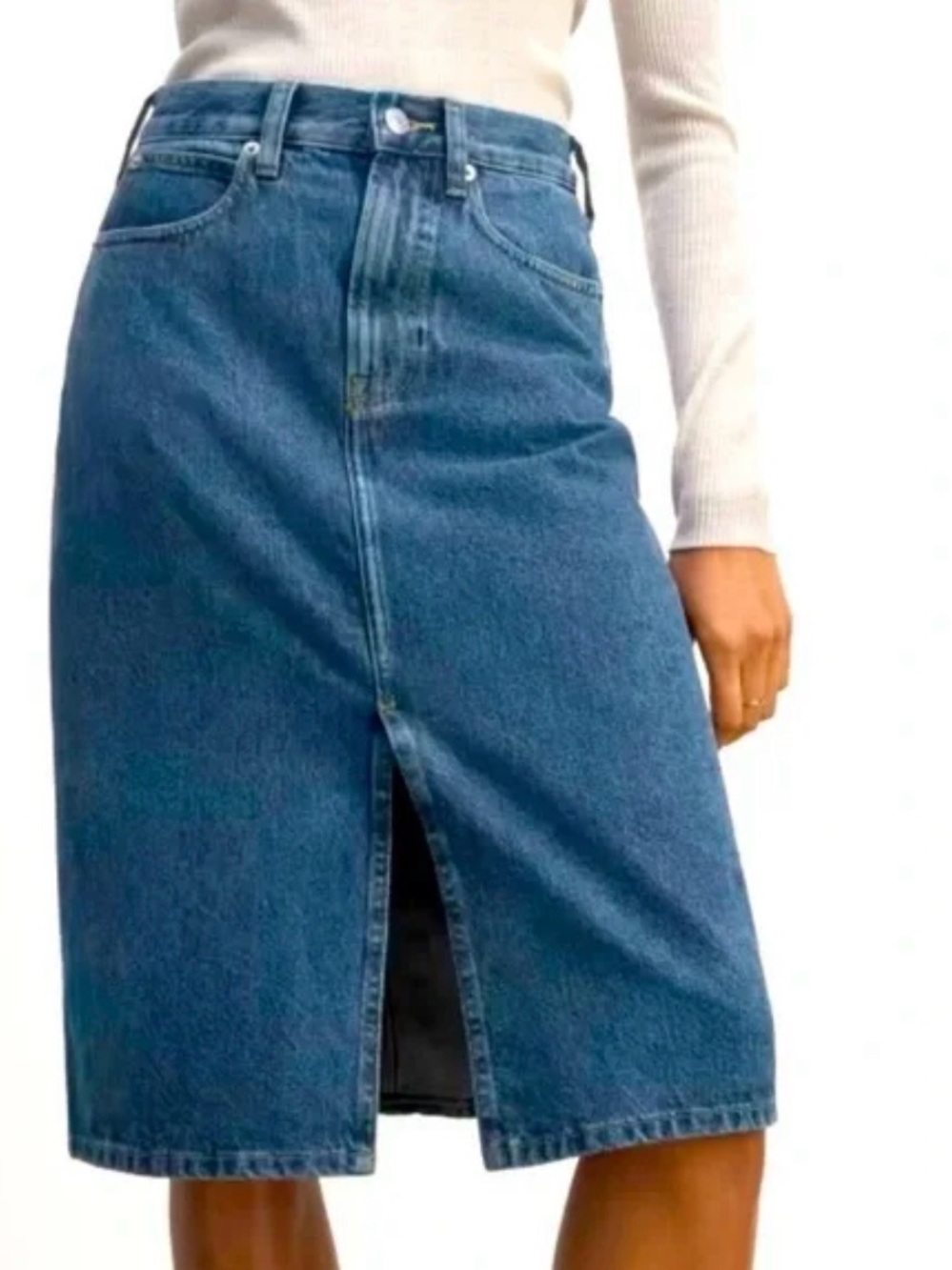 Frame Denim Mid-Length Blue Denim Pencil Skirt with Front Slit Size 28